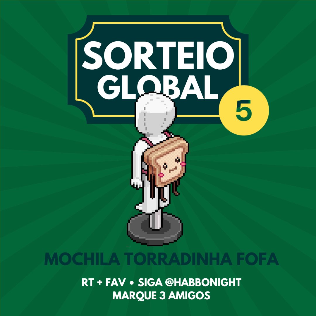 🍞 5° SORTEIO GLOBAL 🍞
Seria esta a última chance de conquistar essa delícia?! 🤔

Para faturar 1 Mochila Torradinha Fofa siga os requisitos:

🎒 RT + FAV
🎒 Siga @Habbonight e <a href="/HabboPTBR/">Habbo PT/BR</a>
🎒 Marque 3 amigos

Participe até quarta-feira, 27/09! #Habbo