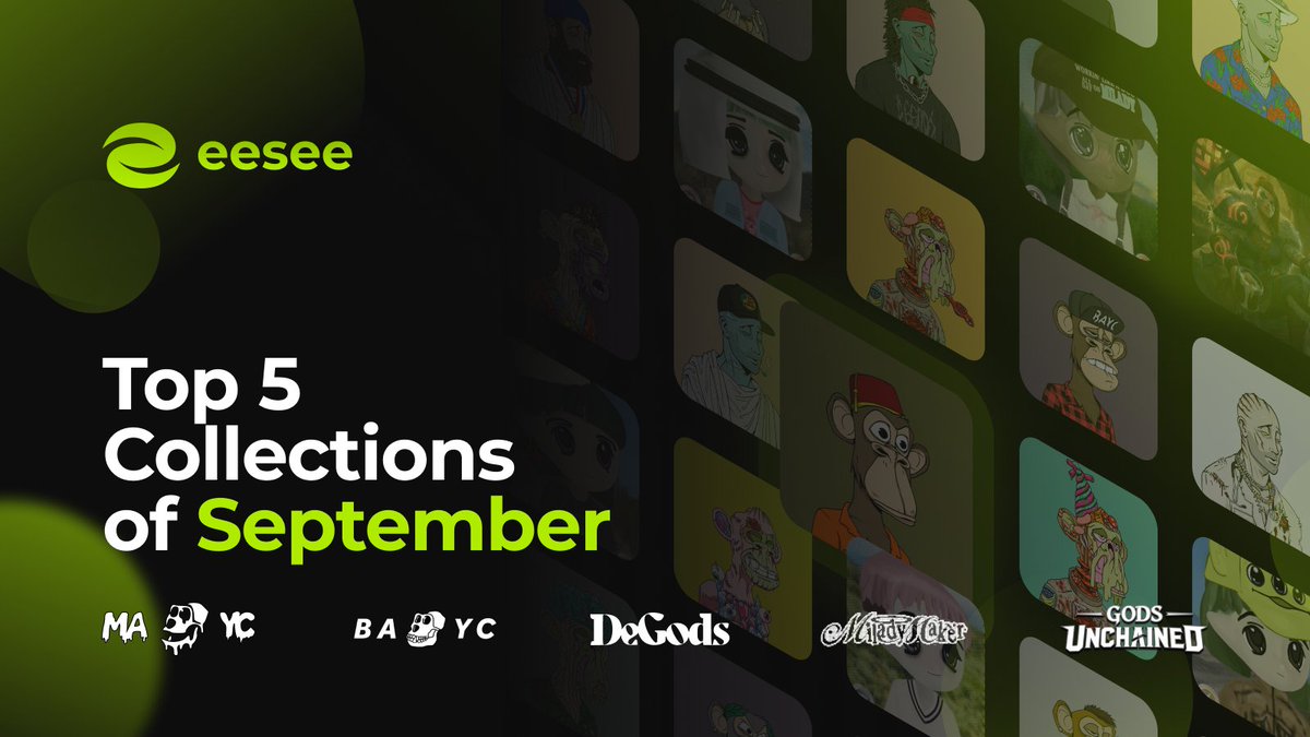 eesee_io's tweet photo. Who says NFTs are ded? ☠  

As September 2023 draws to a close, here is a list of the top 5 NFT collections by volume traded in the past month 1/8 🧵 https://t.co/CA1FW3JNUk