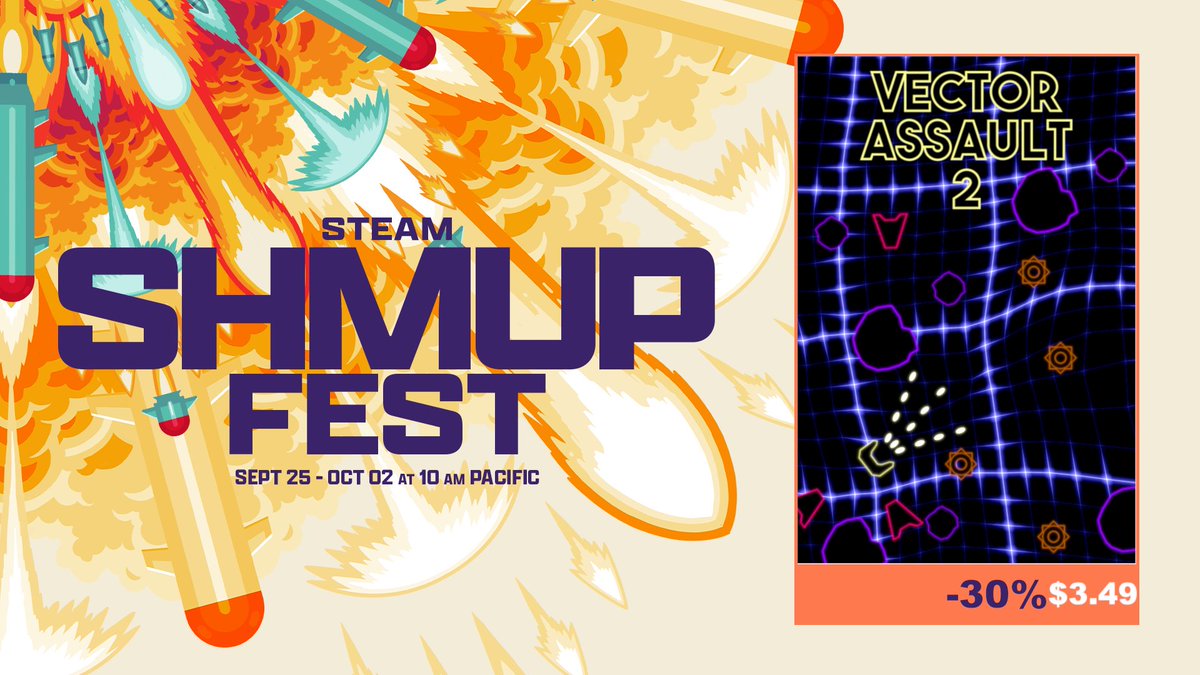 wiz_byte's tweet image. Steam Shmup Fest 2023 is coming!  #deathroids #VectorAssault2 #retrogaming #gamedev #indie #indiegame #indiegamedev #shmup #steam #steamshmupfest