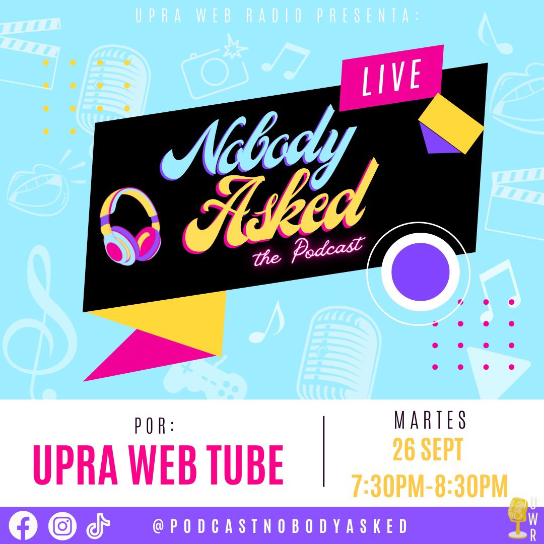 UPRA_WebRadio's tweet photo. ¡ESTRENO POR UPRA WEB RADIO! 🎙️💜

¿Eres amante de todo lo relacionado con el mundo del entretenimiento? ¡Entonces este podcast es para ti! 

¡No te lo pierdas mañana martes 26 de septiembre a las 7:30pm!🔥

#UWR #COMUUPRA #COMU #ORGULLOUPR #PODCAST #NOBODYASKEDTHEPODCAST https://t.co/Q0BSS7qLBi