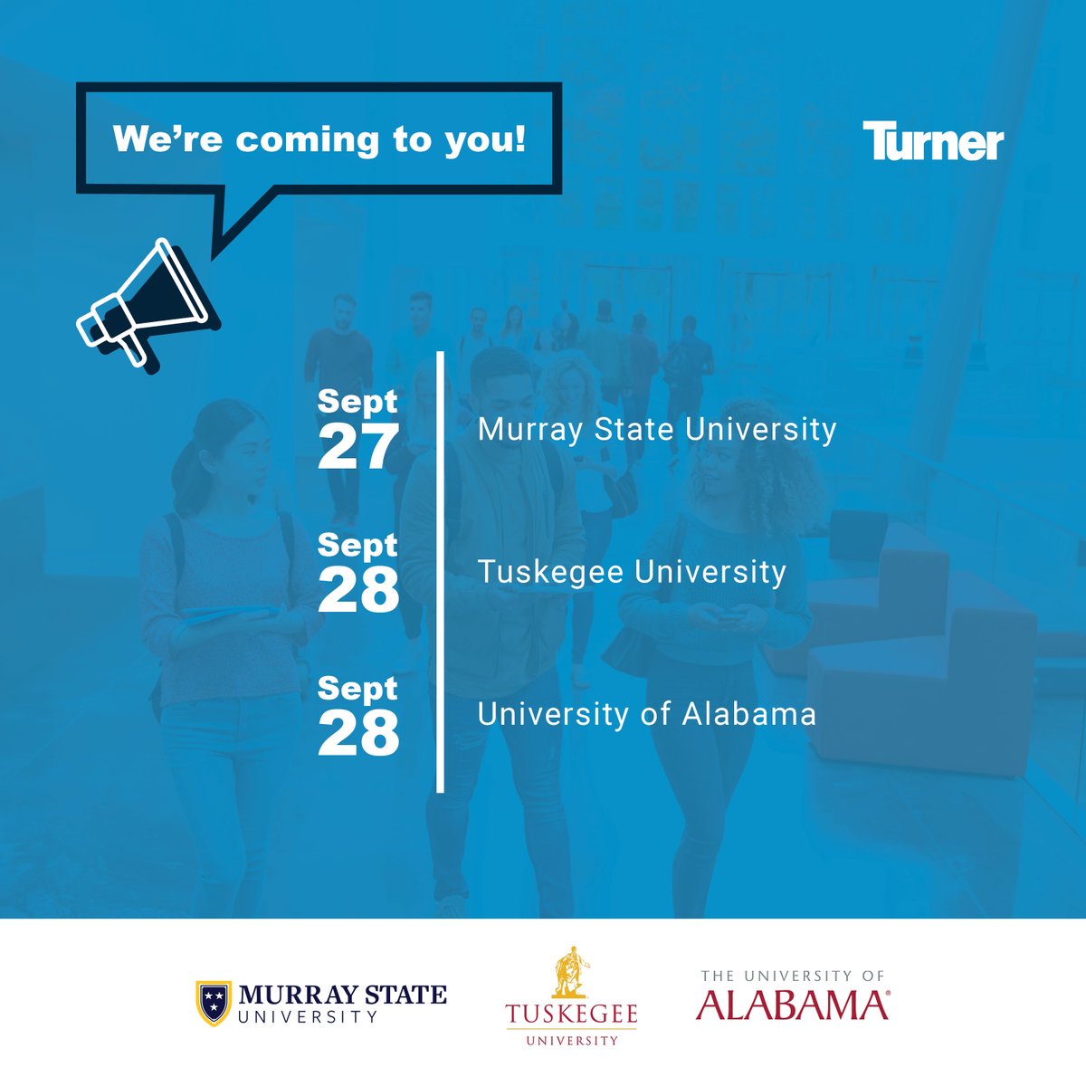 We are back on campus for more career fairs. Come meet our team and learn more about working with us! We’re visiting @murraystateuniv, @TuskegeeUniv, and @UofAlabama this week! #TurnerConstruction #Careers #oncampus