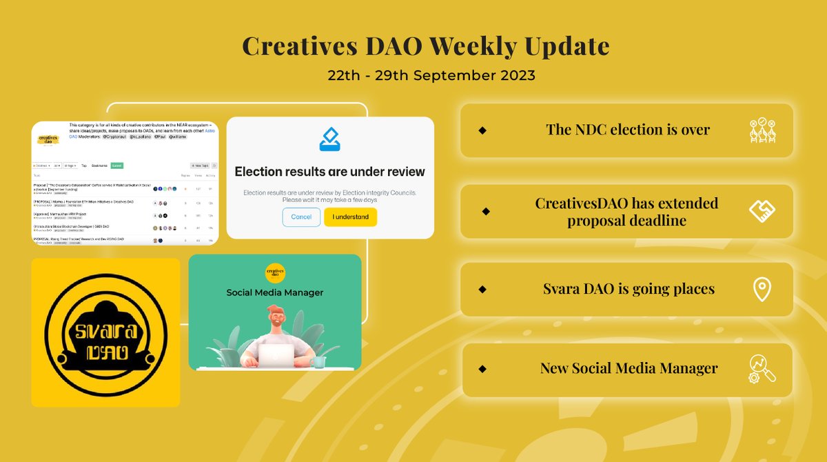 🎉 @CreativesDao Weekly Update | 22th - 29th September 

Let's take a look at the highlight news of us in the last 7 days 👇

Stay tuned 💪

#NEAR #NDC #CreativesDAO