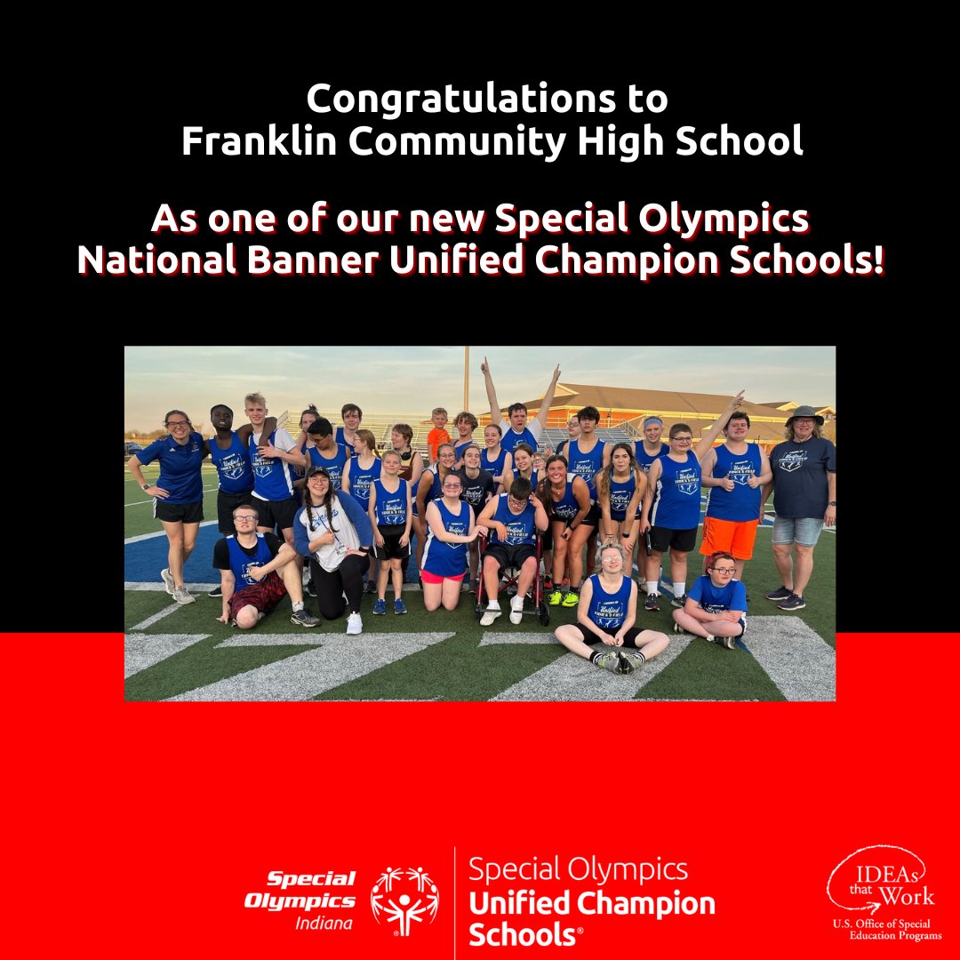SOIndiana's tweet photo. ICYMI: Last week South Ripley High School, Franklin Community High School, and OJ Neighbors Elementary School were named national banner Unified Champion Schools! More on what this means: https://t.co/R2Yu2jGFW0. #UnifiedGeneration https://t.co/WHntb9a9i0