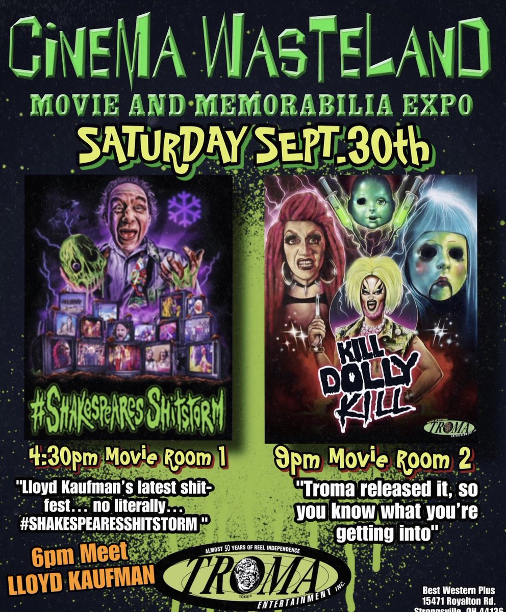 lloydkaufman's tweet photo. #cinemawasteland !!! @tromateam is in route! And weโre bringing the WHOLE gang! Meet ME! And Director of #DOLLYDEADLY #KILLDOLLYKILL @missheidimoore !! Super TROmette and Star of #shakespearesshitstorm and #divideandconquer @vadacallisto !!! @jessaflux @nivaranea https://t.co/4ujTGgiAOU