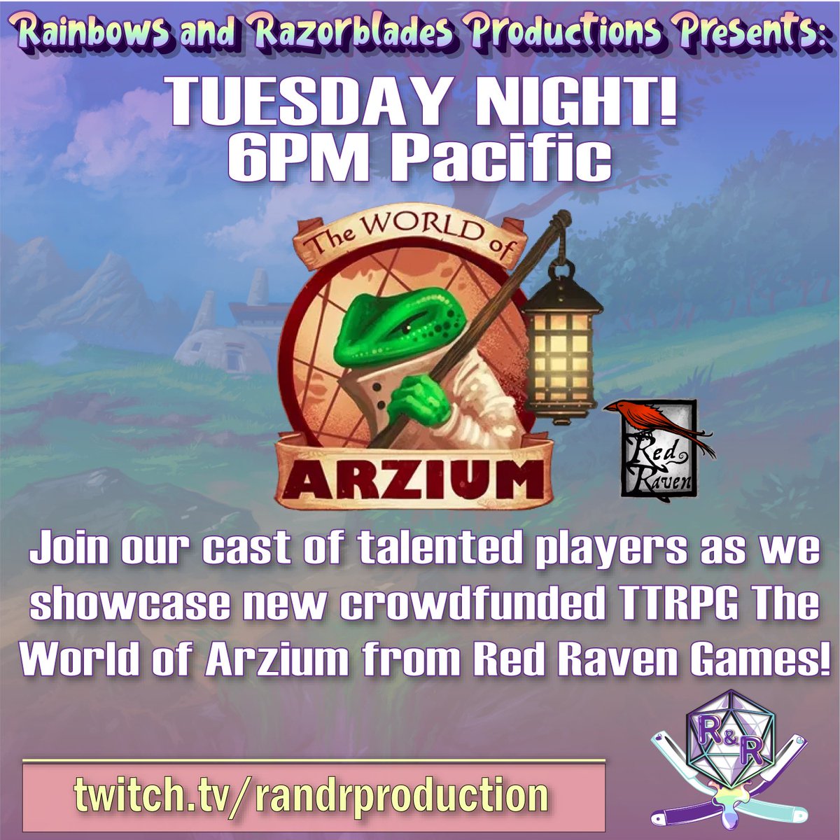 RandRProduction's tweet photo. Tomorrow at 6PM Pacific! We have a special two episode run of The World of Arzium #ttrpg from @redravengame! 

Join GM @Hermes4939 along with @beezelda_, @425suzanne, @omarnajam, and @darthsurrealish on our Twitch Channel for part 2!

https://t.co/ewYqcth4NP https://t.co/xyNEGI7fAH
