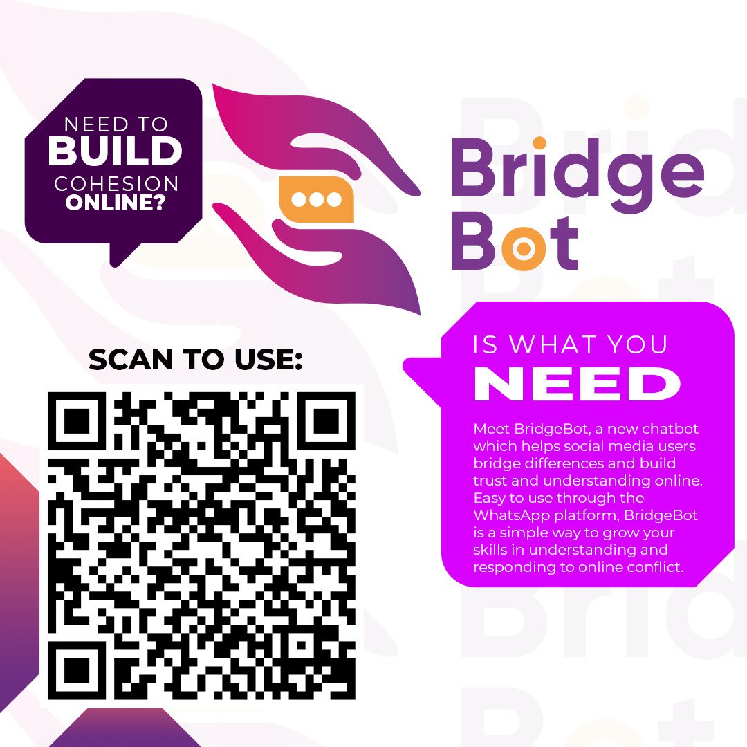WejaCBO's tweet photo. 5/5Need Skills and perspectives on empathy, identity, perception and non-violent communication? Try BridgeBot https://t.co/fszybHLupp

#BridgeTheDivide https://t.co/9dWlImWD0F
