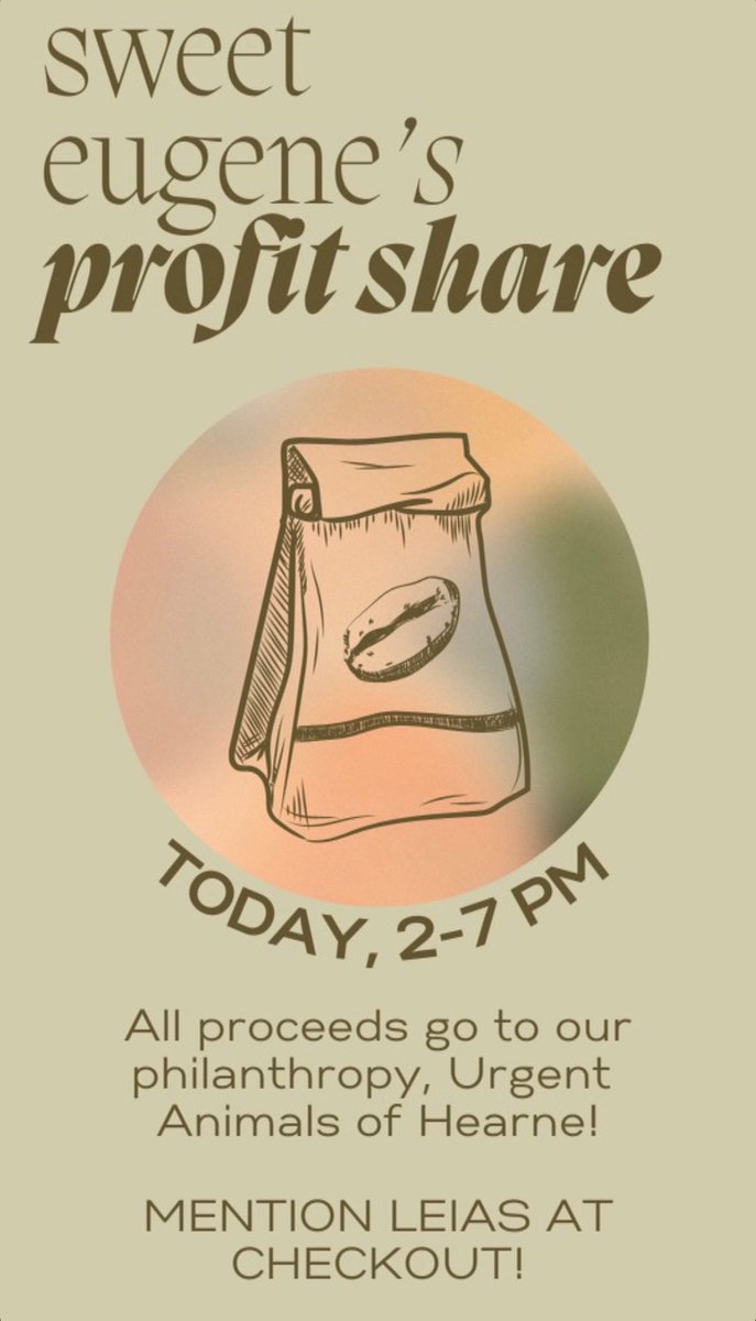 Come out to Sweet Eugene’s today from 2-7 to support Urgent Animals of Hearne!!! ☕️🐾 

Mention Leias at checkout!!!!! #tamuleias