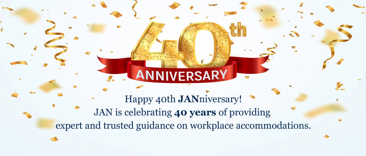 JANatJAN's tweet photo. The September edition of the JAN Newsletter commemorates the 40th anniversary of the Job Accommodation Network service! Happy 40th JANniversary! Read the Newsletter https://t.co/mRm7XzmoZM #AskJAN #accommodations https://t.co/Ny2G22DNxm