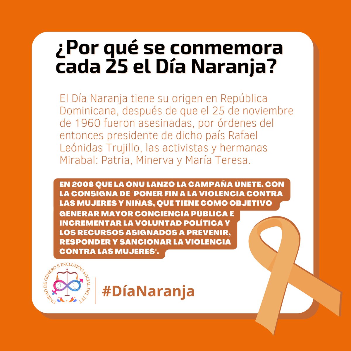 UnidadTet's tweet photo. Hoy es #DíaNaranja y como cada 25 de mes, estos días nos sirven como recordatorio para visibilizar, pero sobre todo, continuar buscando formas de hacer conciencia para eliminar este grave problema. https://t.co/Y1yO4ZTykw