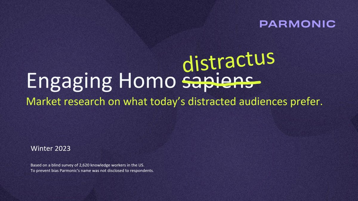 ParmonicAI's tweet photo. We surveyed knowledge workers across the US to uncover what tickles the fancy of today's distracted audiences. This is not your average research report, It's your ticket to creating content that’s in tune with your audience &amp; becoming an impactful marketer
https://t.co/9nV5yGjOUT https://t.co/xWZ1y3kKG0