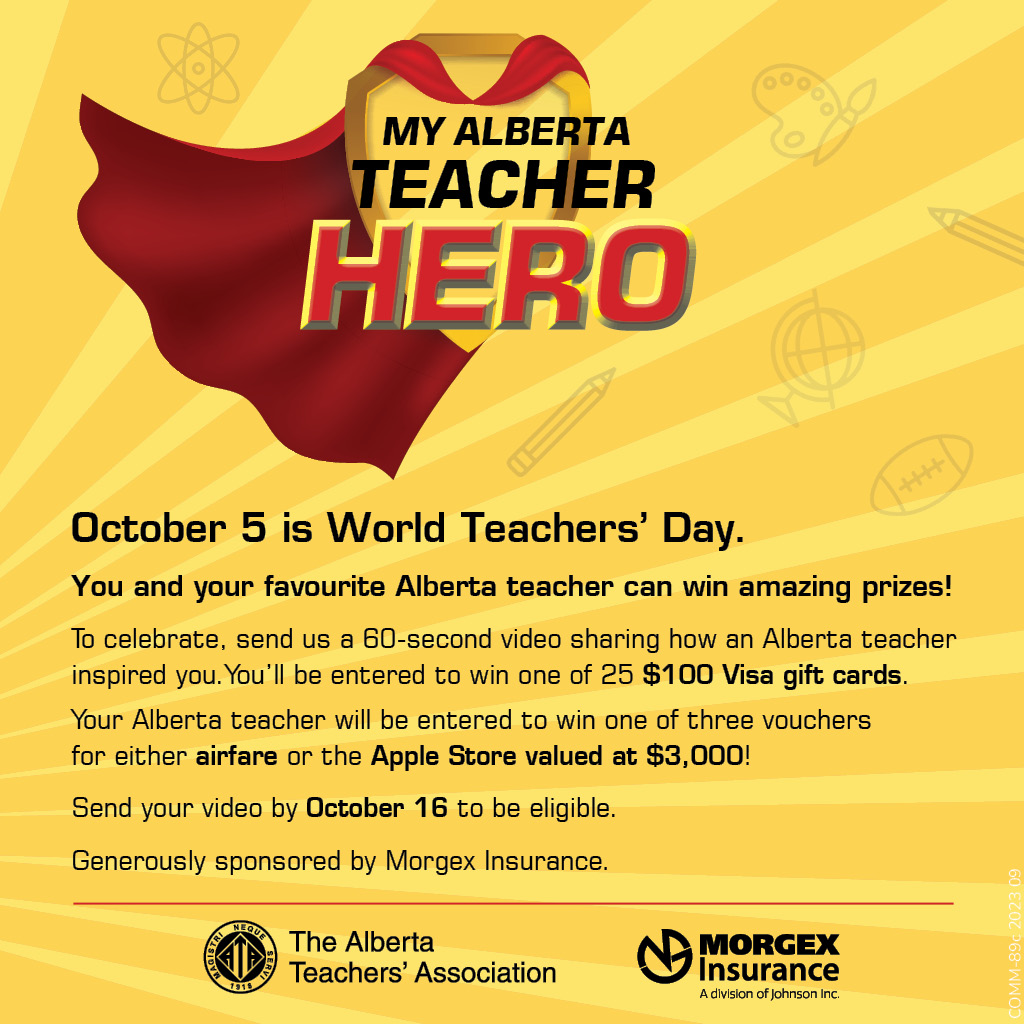 World Teachers' Day is October 5th. Submit and win! To celebrate, send a 60-second video sharing how an Alberta teacher inspired you. teachers.ab.ca/news/my-albert… @albertateachers