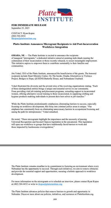 Laura_Ebke's tweet photo. Excited to announce this new initiative from @PlatteInstitute. Congratulations to all of the recipients! #neleg #secondchances #universalrecognition https://t.co/UmsLNqXbiz