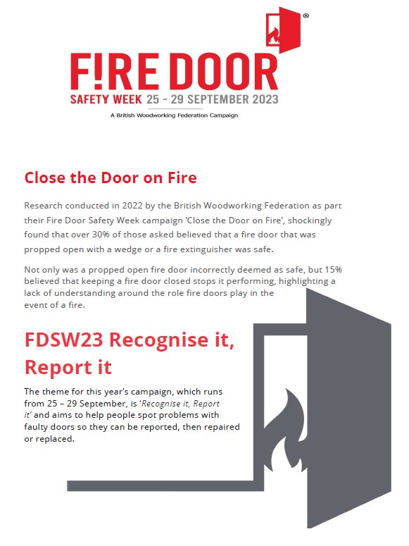 This week marks Fire Door Safety Week and we are supporting the ‘Recognise it, Report it’ campaign here at RJAH <a href="/RJAH_NHS/">RJAH Orthopaedic Hospital</a>

Fire door safety is everyone’s responsibility, so ensure that faulty doors are reported so they can be repaired or replaced.

<a href="/FDSafetyWeek/">Fire Door Safety Week</a> #FDSW23