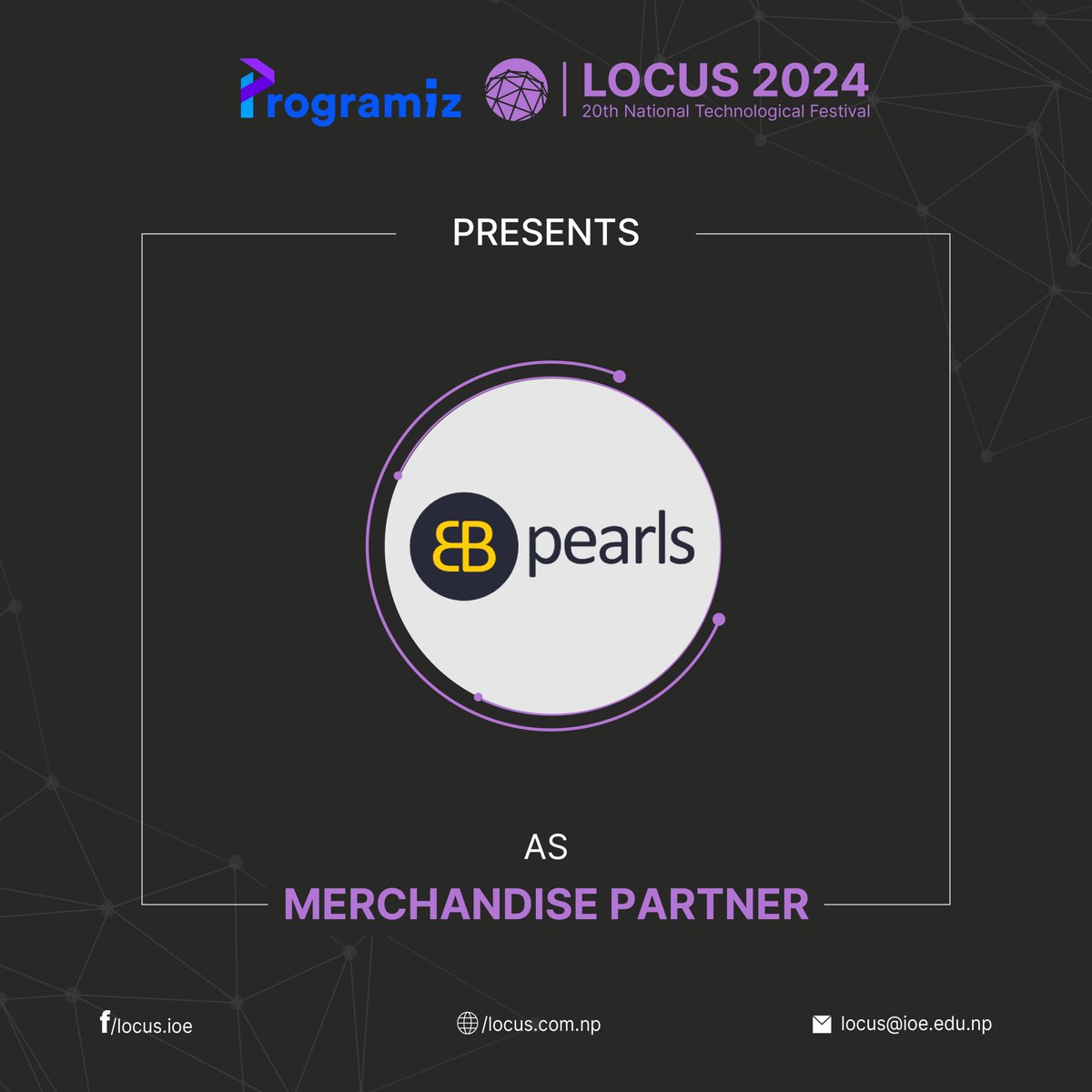 locus_ioe's tweet photo. We're absolutely thrilled to have EB Pearls on board as our Merchandise Partner.
Based in Sydney and Kathmandu, EB Pearls has been a leading web and mobile solution and service provider.
Website: https://t.co/xnGfi02Diw
#LOCUS2024 #MerchandisePartner #EBPearls #LOCUS https://t.co/EkrMJQjCq8