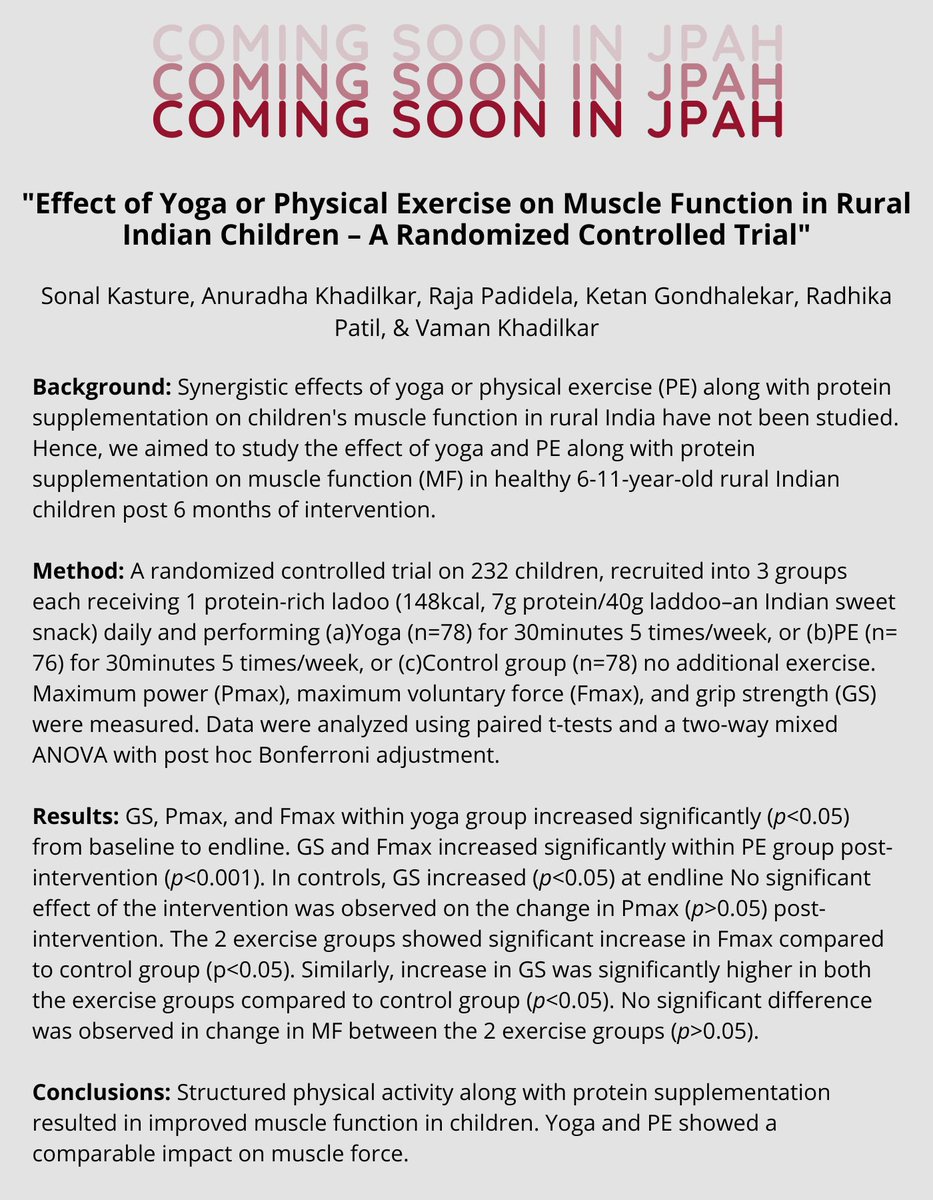 JPAHjournal's tweet photo. 🇮🇳New research from @PhulePune found #Yoga to show comparable effects to #PhysicalExercise on Indian children’s muscle force. https://t.co/TQ02t4OLtt