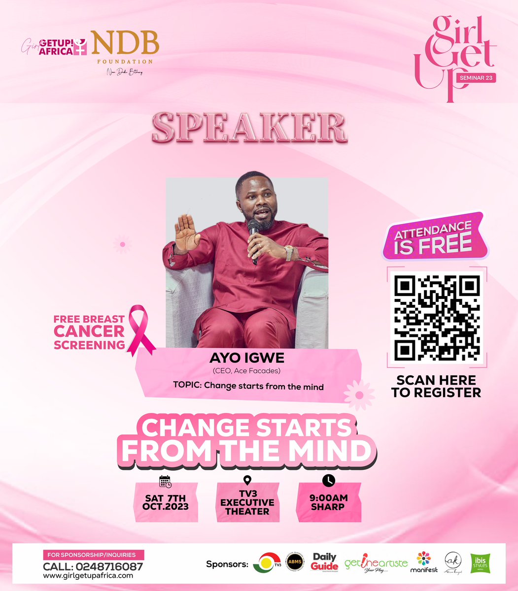 Ayo Igwe, CEO of Ace Facades will be speaking on the power of the mind and how you can be the initiator of your own change process. Join us on 7th October at tv3 Ghana from 9am to 2pm. Lots of fun and surprises packaged for you! 

#girlgetup #girlgetupseminar #GGU2023