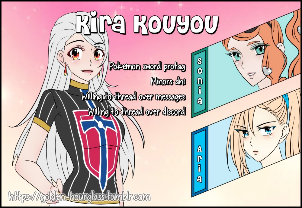 Kırα Kouчou ● Gαlαr's Greαtest

     - pokemon sword protag
     - sonia and aria available on request
     - discord available after plotting

BIO tinyurl.com/KiraKBio
RULES tinyurl.com/KiraKRules

#PTRP #PKMNRP