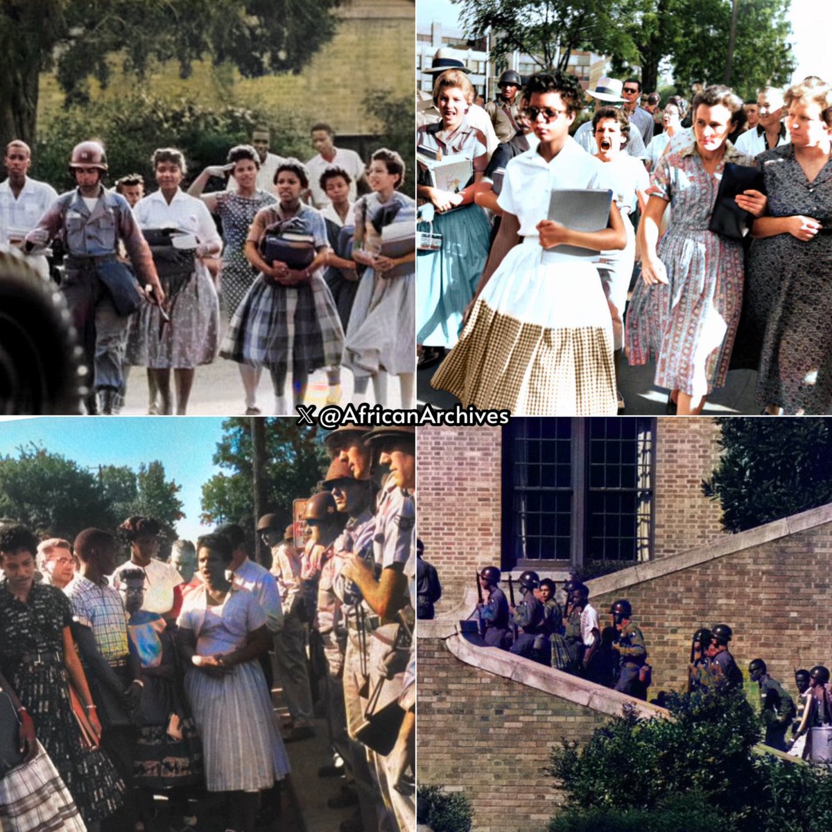 AfricanArchives's tweet photo. On this day in 1957, under escort from the U.S. Army’s, nine black students enter all-white Central High School in Little Rock, Arkansas.

Having to face threats and be escorted by armed troops, the bravery of these students is never forgotten.

—September 25, 1957: Central High School in Little Rock, Arkansas, is integrated by the use of United States Army troops.

The 'Little Rock Nine' are escorted inside Little Rock Central High School by troops of the 101st Airborne Division of the United States Army.

A TENSE YEAR: 
By the end of September 1957, the nine were admitted to Little Rock Central High under the protection of the U.S. Army (and later the Arkansas National Guard), but they were still subjected to a year of physical and verbal abuse (being spat on and called names) by many of the white students. 

Melba Pattillo had acid thrown into her eyes and also recalled in her book, Warriors Don't Cry, an incident in which a group of white girls trapped her in a stall in the girls' washroom and attempted to burn her alive by dropping pieces of flaming paper on her from above. 

Another one of the students, Minnijean Brown, was verbally confronted and abused.She said: "I was one of the kids 'approved' by the school officials. We were told we would have to take a lot and were warned not to fight back if anything happened. One girl ran up to me and said, 'I'm so glad you’re here. Won’t you go to lunch with me today?" I never saw her again."

Brown was also taunted by members of a group of white male students in December 1957 in the school cafeteria during lunch. She dropped her lunch—a bowl of chili—onto the boys and was suspended for six days. Two months later, after more confrontation, she was suspended for the rest of the school year. She transferred to New Lincoln High School in New York City. 

As depicted in the 1981 made-for-TV docudrama Crisis at Central High, and as mentioned by Melba Pattillo Beals in Warriors Don't Cry, white students were punished only when their offense was "both egregious and witnessed by an adult". The drama was based on a book by Elizabeth Huckaby, a vice-principal during the crisis.

LEGACY: 
🏫Little Rock Central High School still functions as part of the Little Rock School District, and is now a National Historic Site that houses a Civil Rights Museum, administered in partnership with the National Park Service, to commemorate the events of 1957.

🏫In 1958, Cuban poet Nicolás Guillén published "Little Rock", a bilingual composition in English and Spanish denouncing the racial segregation in the United States. In some verses, the writer used names referring the Little Rock events as qualifying adjectives. 

🏫Melba Pattillo Beals wrote a memoir titled Warriors Don't Cry, published in the mid-1990s.

🏫Two made-for-television movies have depicted the events of the crisis: the 1981 CBS movie Crisis at Central High, and the 1993 Disney Channel movie The Ernest Green Story.

🏫In 1996, seven of the Little Rock Nine appeared on The Oprah Winfrey Show. They came face to face with a few of the white students who had tormented them as well as one student who had befriended them.

🏫President Bill Clinton honored the Little Rock Nine in November 1999 when he presented them each with a Congressional Gold Medal. The medal is the highest civilian award bestowed by Congress. It is given to those who have provided outstanding service to the country. To receive the Congressional Gold Medal, recipients must be co-sponsored by two-thirds of both the House and Senate.

🏫In 2007, the United States Mint made available a commemorative silver dollar to "recognize and pay tribute to the strength, the determination and the courage displayed by African-American high school students in the fall of 1957.

🖋️if you love our content, please consider supporting our page on https://t.co/NMnnlvWe8I (follow the ko-fi page too for weekly posts roundup)