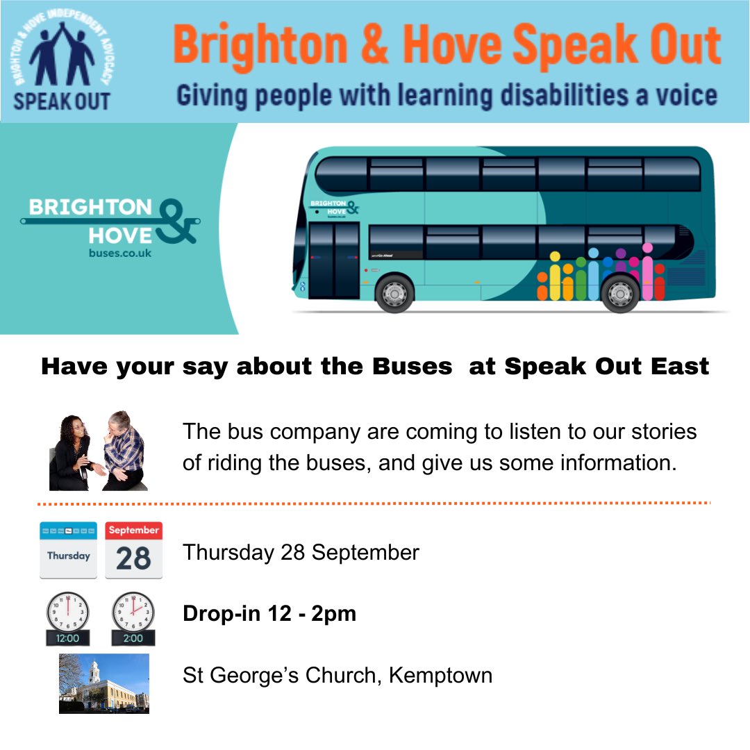 Have your say about the Buses at Speak Out East, this Thursday 28th September at St George’s Church, Kemptown The bus company are coming to listen to our stories of riding the buses, and give us some information. 🗓️ Thursday 28 September ⏰ Drop-in: 12pm - 2pm