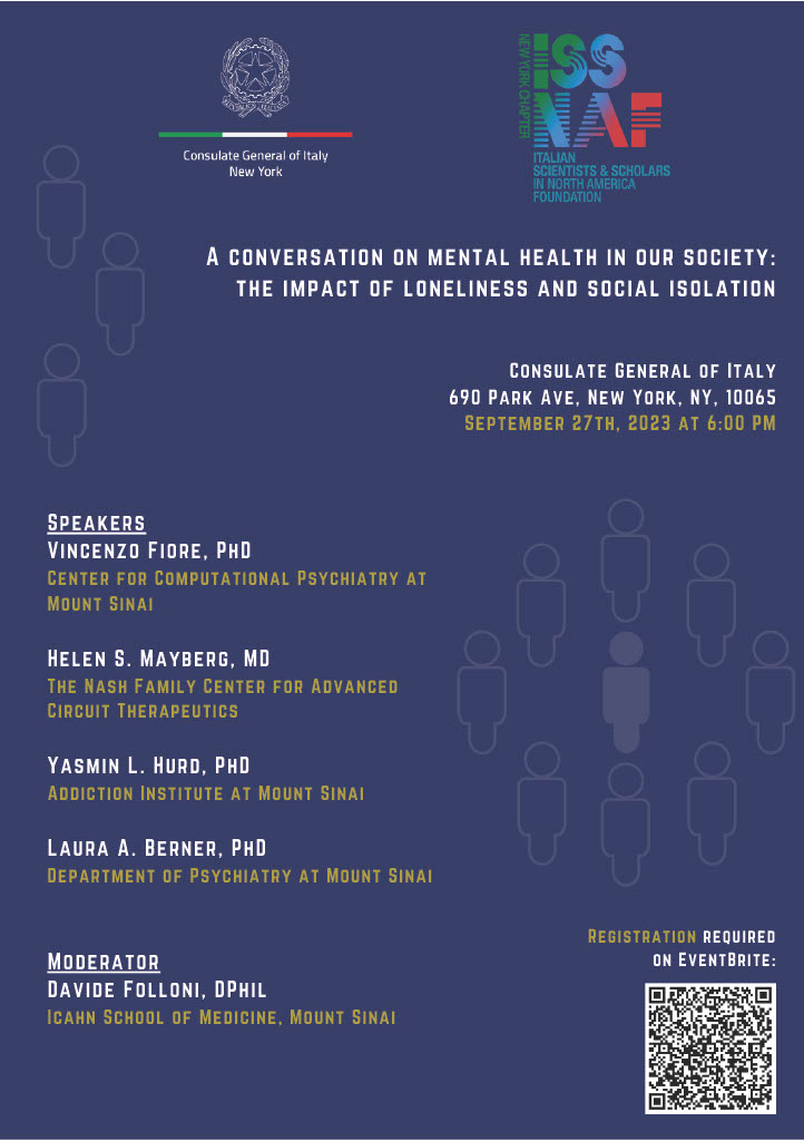 Join us for this discussion on Mental Health and Loneliness at the Consulate General of Italy on September 27th. Registration through the QR code in the poster.