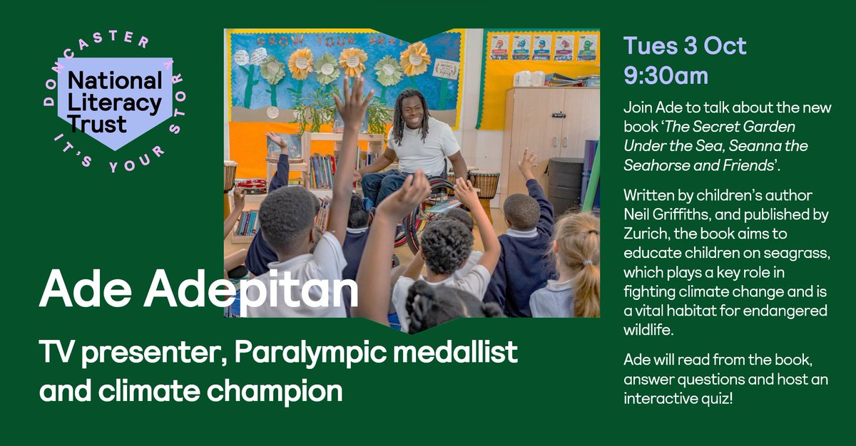 Literacy_Trust's tweet photo. On Tuesday 3 October, we are hosting a free online Q&amp;A with TV presenter and climate champion, Ade Adepitan, launching The Secret Garden Under the Sea, alongside our Great Green Read. The event is open to all schools, sign-up here: https://t.co/b0RJ3pFgSJ https://t.co/MtAIQAxp48