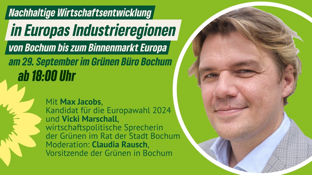 gruenebochum's tweet photo. Fr 29.9. 18Uhr: Nachhaltige Wirtschaftsentwicklung in Europas Industrieregionen – von #Bochum bis zum #Binnenmarkt #Europa

@mx_jacobs, Kandidat für #epwahl 2024 spricht mit @MarschallVicki über eine nachhaltige Entwicklung der #Wirtschaft. Moderiert von Claudia Rausch (Vorsitz) https://t.co/G2A8HwkxUP