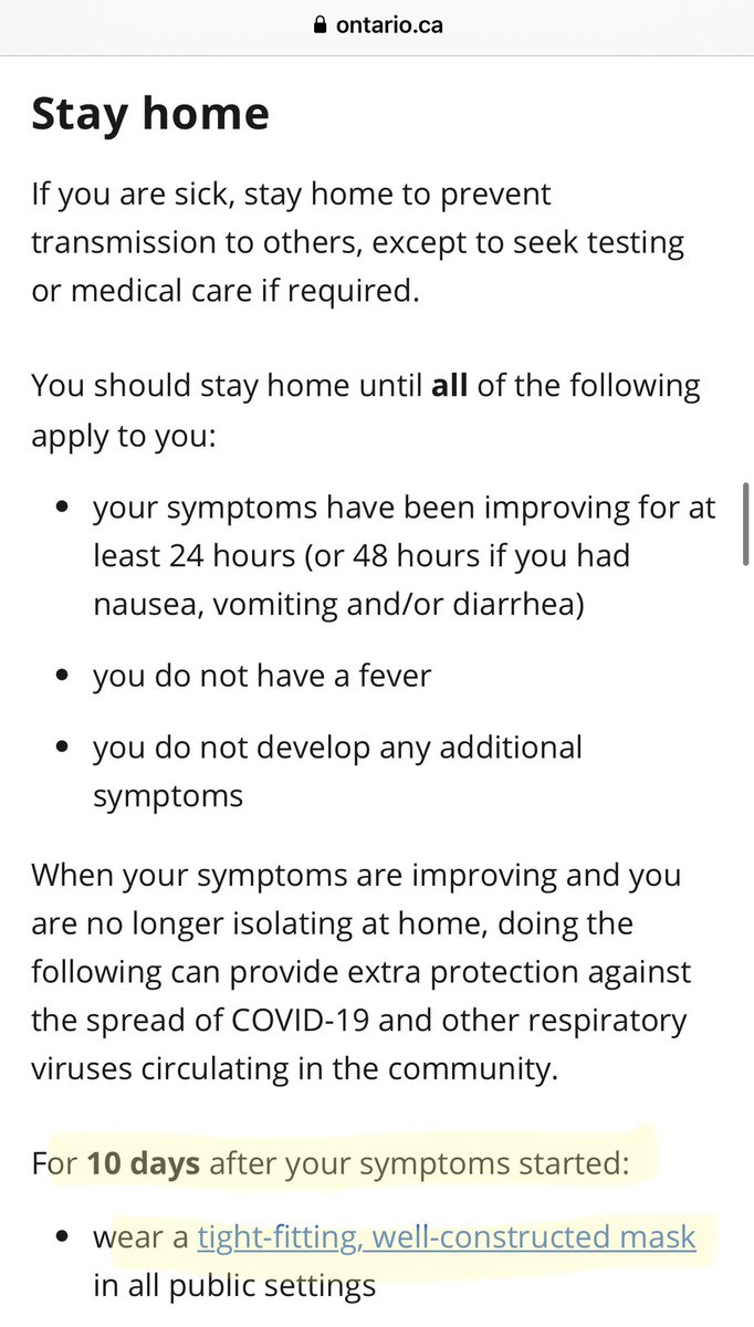 g_edmonds's tweet photo. @ONThealth @ONgov @SeniorsON @ChildrenON @OntarioHealthOH @ONeducation @ONlongtermcare Your link, updated Sept 14, 2023,  advises wearing a tight fitting, well constructed mask in all public settings once your symptoms are improving and you are no longer isolating at home.  This is recommended for 10 days after the start of symptoms.  Please add this to your tweet. https://t.co/GkYeLH7U1Y