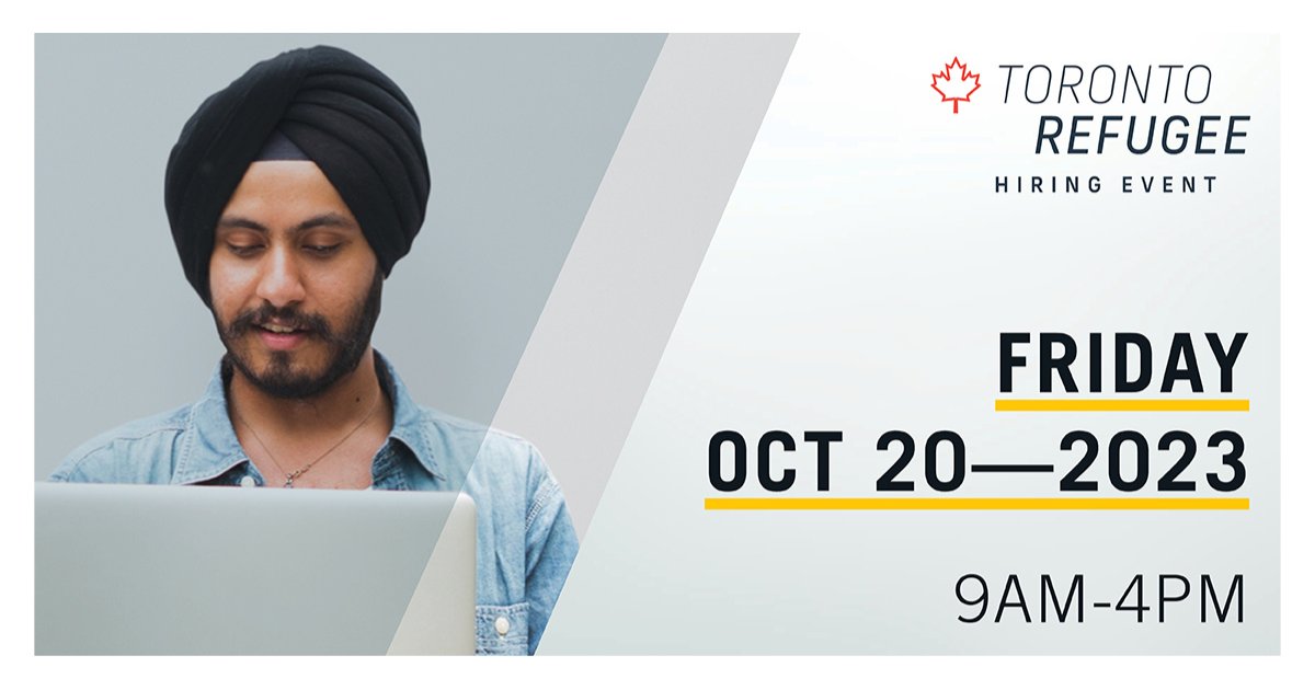 NewCdns's tweet photo. If you're a refugee or displaced person actively seeking employment, seize the chance to network with Canadian business leaders &amp; access job openings at the Toronto Refugee Hiring Event on October 20th!

Register now: https://t.co/1kEETATvGq

#NewCanadians #CdnRfg https://t.co/mJ6v0m77aj
