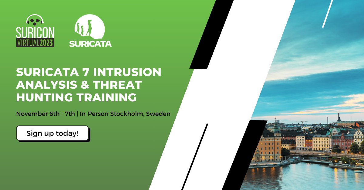 Heads up! 🙌 We are doing a 2 day training (live - not at all virtual) just before the virtual SuriCon. It takes place on November 6th-7th, 2023 in Stockholm, Sweden - Pay to attend. We hope to see you there! #SuriCon2023 #Training

Register: eventbrite.com/e/2-day-surica…