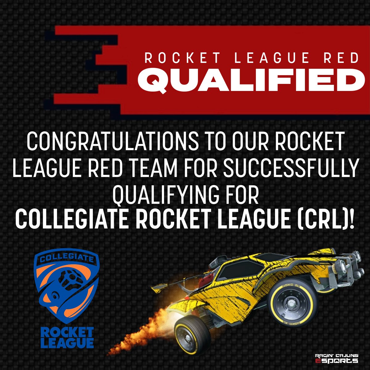 Cajuns_Esports's tweet photo. Congratulations to our Rocket League Red team for qualifying for CRL!
#geauxcajuns #ragincajunsesports https://t.co/Oo1IXj7JJs