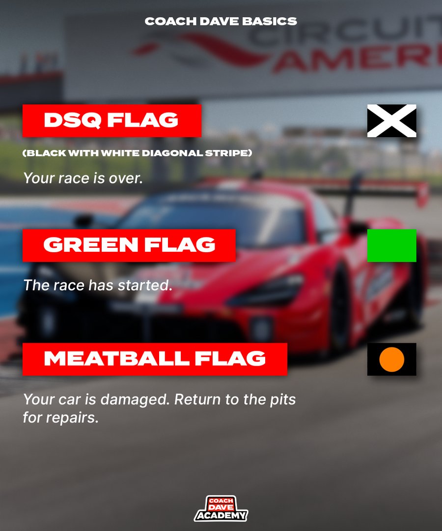 coachdavesetups's tweet photo. Welcome to 'Sim Racing Basics' at Coach Dave Academy! 🚗💨

🚦 Flags are crucial in sim racing for safety and fairness. Understanding them is key to becoming a better driver. Have questions? Ask below! 🤔🏁

#SimRacingBasics #iRacingFlags #CoachDaveAcademy #SimRacing101 https://t.co/UAGmWas1po