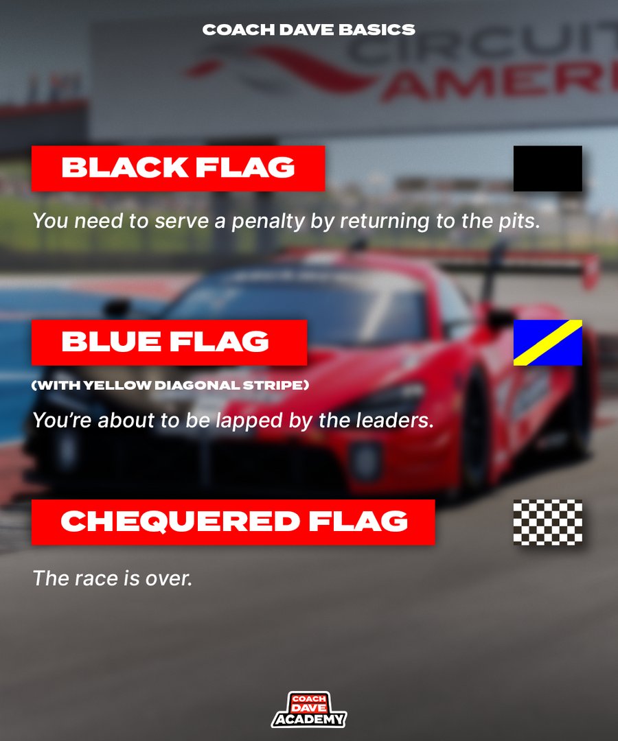 coachdavesetups's tweet photo. Welcome to 'Sim Racing Basics' at Coach Dave Academy! 🚗💨

🚦 Flags are crucial in sim racing for safety and fairness. Understanding them is key to becoming a better driver. Have questions? Ask below! 🤔🏁

#SimRacingBasics #iRacingFlags #CoachDaveAcademy #SimRacing101 https://t.co/UAGmWas1po