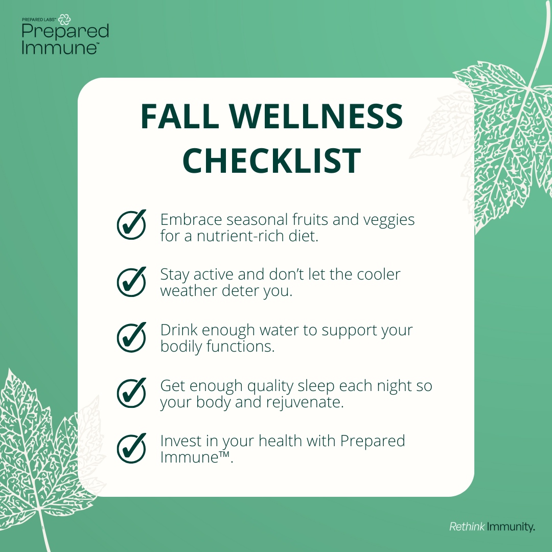 preparedimmune's tweet image. Fall into a season of wellness with our Fall Checklist 🍂⁠ Check off each item on our list to optimize your immunity and embrace the beauty of Fall with Prepared Immune™ 🍁⁠
⁠
#preparedimmune #fallchecklist #wellnesschecklist