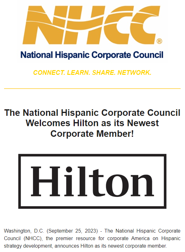 NHCCorg's tweet photo. NHCC welcomes Hilton as its newest corporate member!
#ConnectLearnShareNetwork with #NHCC #Hilton #Diversity #Hispanics #DEI #HR #Marketing #SupplierDiversity #CommunityRelations
Learn more: https://t.co/p9RrQFDzN7 https://t.co/GzfDhBEHd9