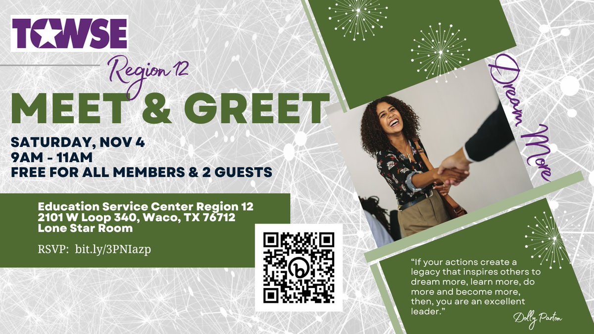 We would love to have you join us for our upcoming meet and greet for the newly launched TCWSE (The Council of Women School Executives) Region 12 Chapter on Saturday, November 4th, from 9 a.m. -11 a.m. at ESC Region 12. RSVP at bit.ly/3PNIazp
