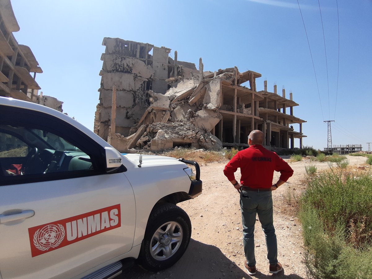 UNMAS's tweet photo. As part of the earthquake response plan, #UNMAS #SYRIA conducted a field visit with its implementing partner #SafetySolutions to one of #UNPD debris removal projects in #Aleppo, and conducted an explosive ordnance assessment of the worksite. https://t.co/ADK58fsZWo