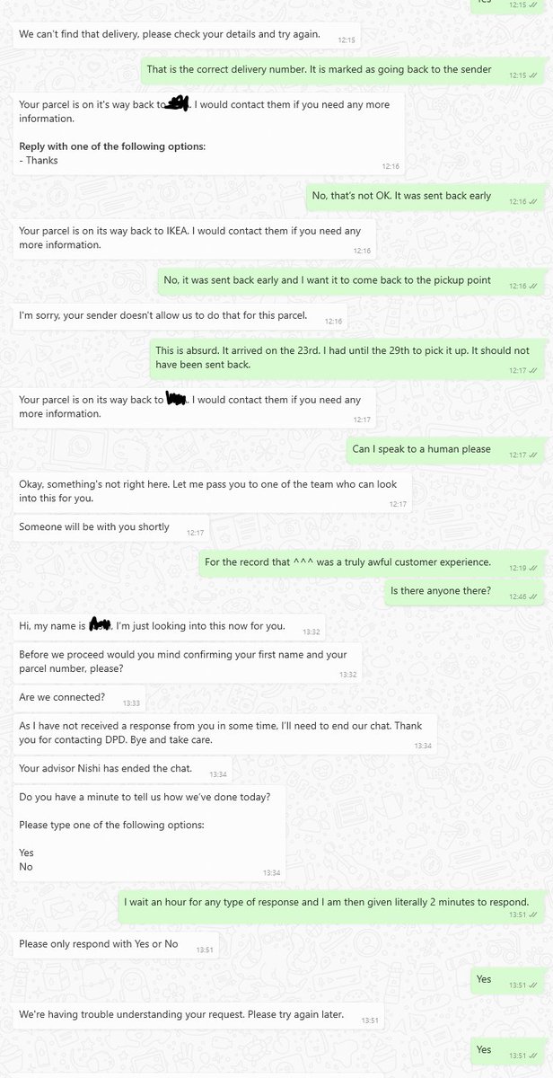 simonj's tweet photo. @Geopost_news probably the worst chat support I have ever experienced. I particularly enjoyed the part where I was given two minutes to respond when it took them an hour to join the chat. Also the part where  your bot repeatedly tried to palm me off. https://t.co/hnpReNc9Tq