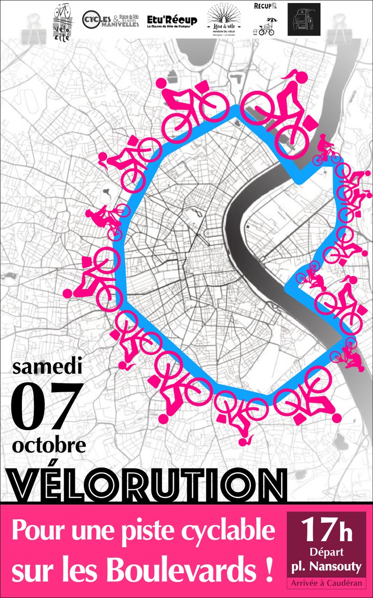 📢📢 VÉLORUTION SUR LES BOULEVARDS   
📅 Samedi 7 octobre
⌚️ à 17 h
📍Place Nansouty
Regagner l'espace public sur les voitures, pour une piste cyclable (en site propre) sur les boulevards !🚴‍♀️🚴‍♂️
Rejoignez la mobilisation !