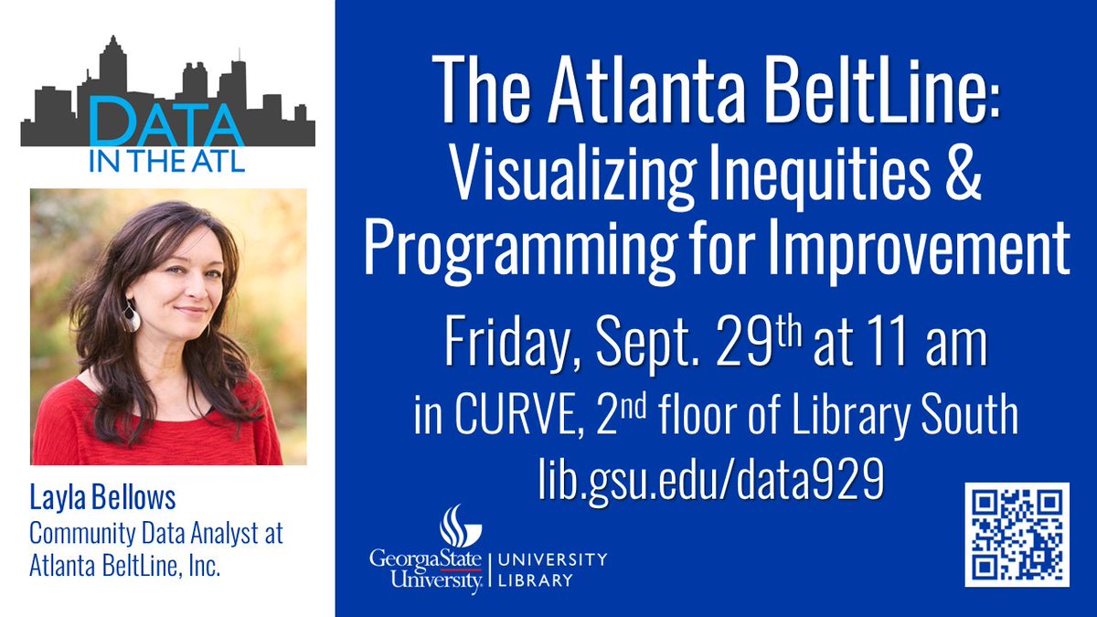 Interested in learning how #data can be utilize to visualize &amp; address inequities related to #urban infrastructure?
Join us for the next #DataintheATL this Friday at 11 am with Layla Bellows, a Community Data Analyst for the #Atlanta #BeltLine. 
lib.gsu.edu/data929  #dataviz