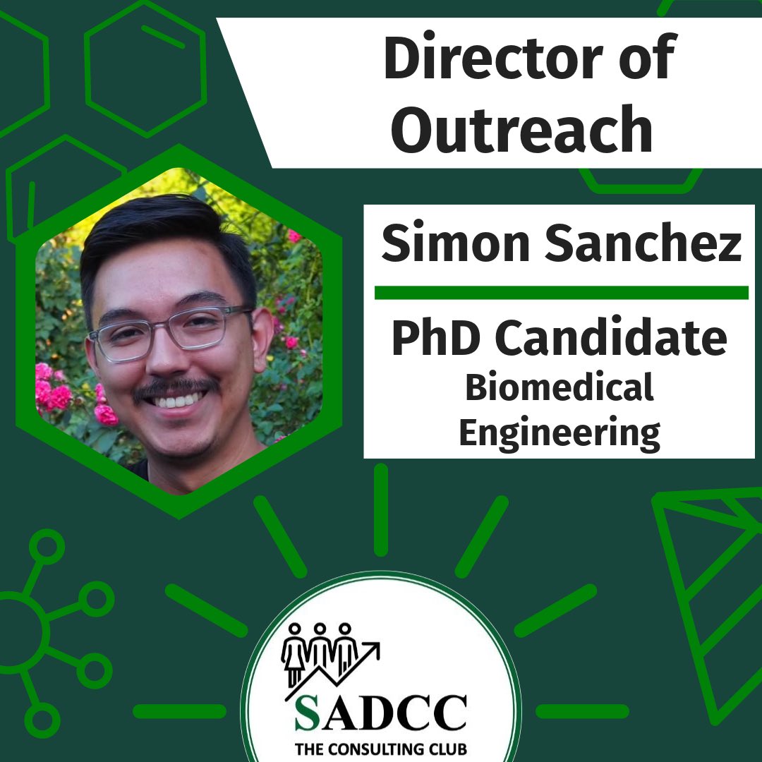🌟Meet our Director of Outreach, Simon Sanchez!
🔬Simon is a 4th year PhD Candidate in Biomedical Engineering. 
👔Simon’s goal in joining the SADCC is “to increase engagement across the campus and expand awareness of SADCC’s events.”