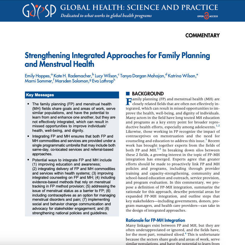 GHSPJournal's tweet photo. @em_hoppes @kateradNC @wilsonlucyc @marnisommer @tanya_zariya @eva_lathrop et al. describe potential ways to integrate FP &amp; menstrual health, outlining steps to design integrated approaches. @fhi360 @ColumbiaGATE @ThePadProject1 @PSIimpact @MSIchoices https://t.co/Myovml0G4u https://t.co/D8G5MeDAMV