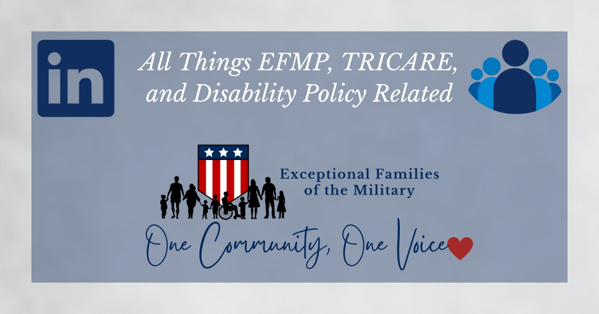 We are excited to share that we have started a LinkedIn group to discuss #EFMP, #TRICARE, and Disability Policy-related topics.  Please consider joining if you'd like to learn more about these topics or if you are already familiar with them.
linkedin.com/groups/1289344…