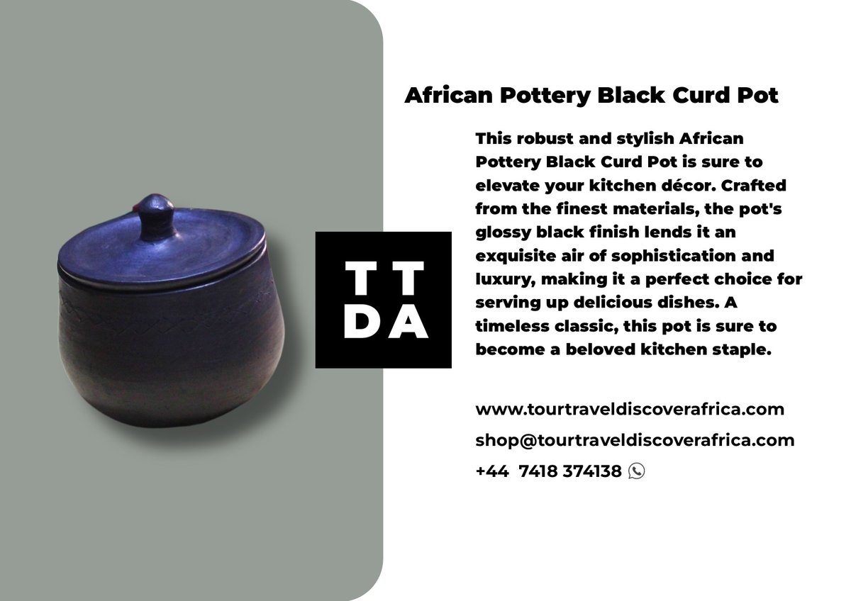 TourTravelDA's tweet photo. This robust and stylish African Pottery Black Curd Pot is sure to elevate your kitchen décor. Crafted from the finest materials, the pot's glossy black finish lends it an exquisite air of sophistication and luxury, making it a perfect choice for serving up delicious dishes. #TTDA https://t.co/MXT3PFhInV