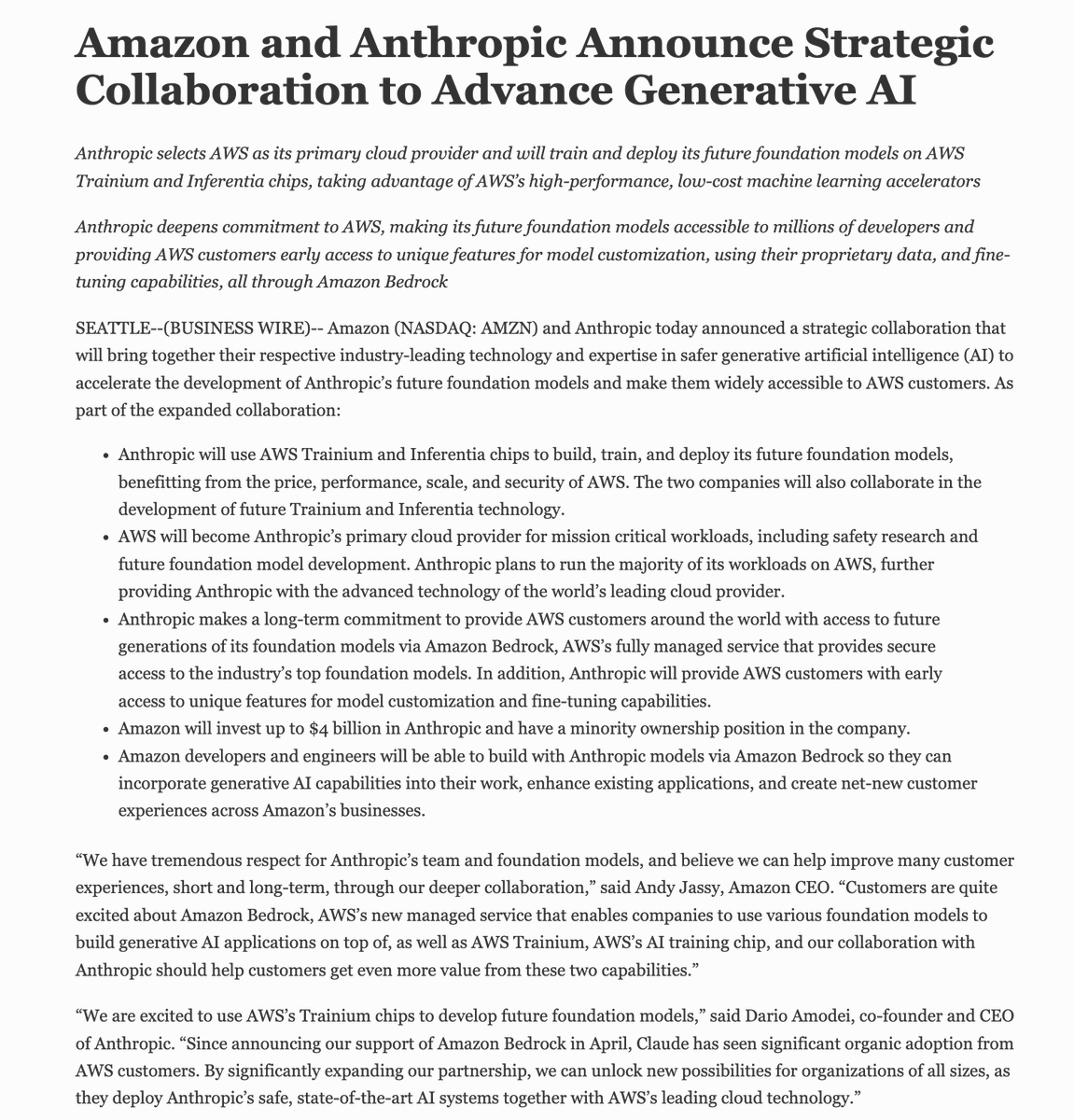 TheTranscript_'s tweet photo. Amazon to invest up to $4B into Anthropic, OpenAI's rival. 

Good to note that Google too has a ~10% stake in Anthropic.

$AMZN $MSFT $GOOG $GOOGL https://t.co/VIOAfNkEEb