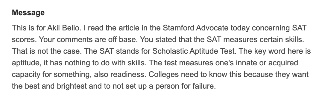 akilbello's tweet photo. I got my first fan mail today! I have arrived. I've now reached @erichoov and @melissakorn levels of writing success.
Its also a #hateread candidate since the author doesn't know what SAT stands for or that its maker says its not an aptitude test. https://t.co/TxNJ2vUdUA