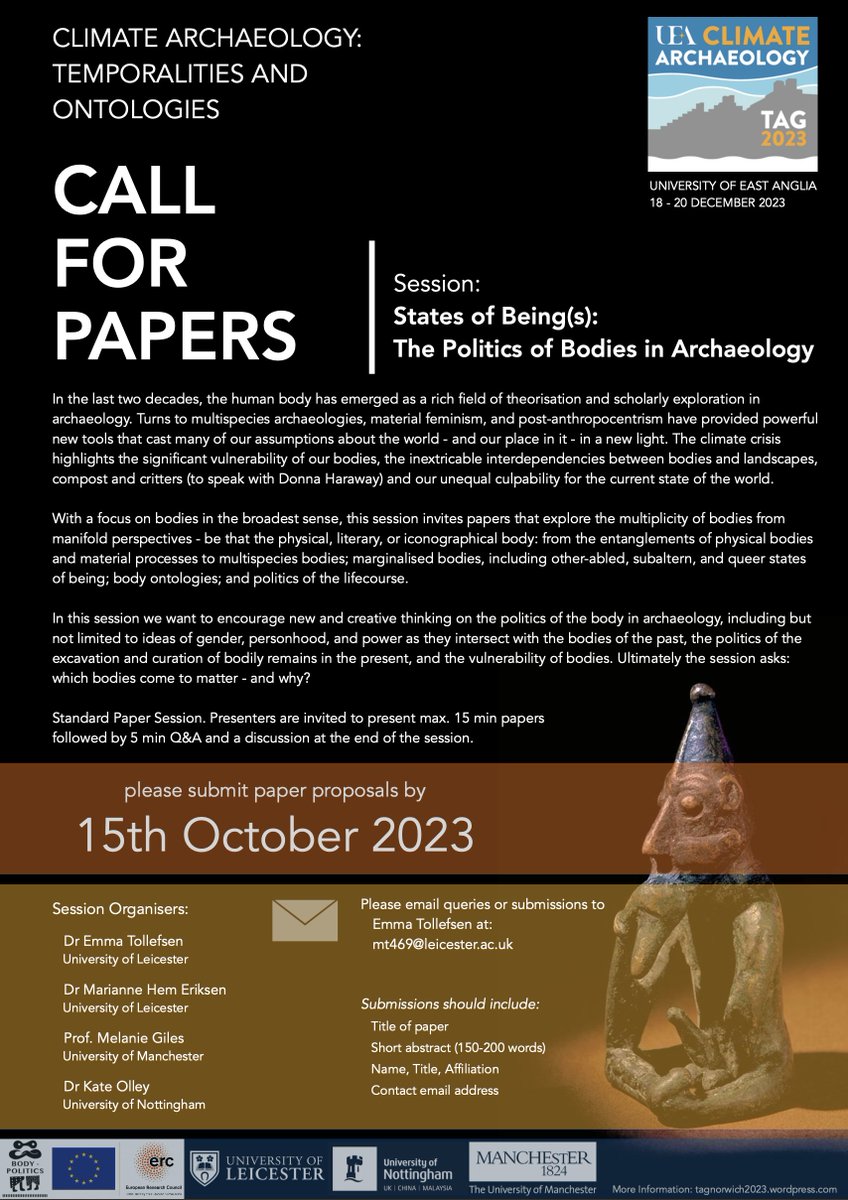 EmmaTollefsen's tweet photo. 📣 #CfP for #TAG2023 🚨

If bodies, politics and archaeology are your thing, why don’t you submit a paper for our session “States of Being(s): The Politics of Bodies in Archaeology” 💀

📧 Qs and Submissions: mt469@leicester.ac.uk

📅 Deadline: 15 October 2023!

👇🏻 Session Info: https://t.co/Au0pVA4eky