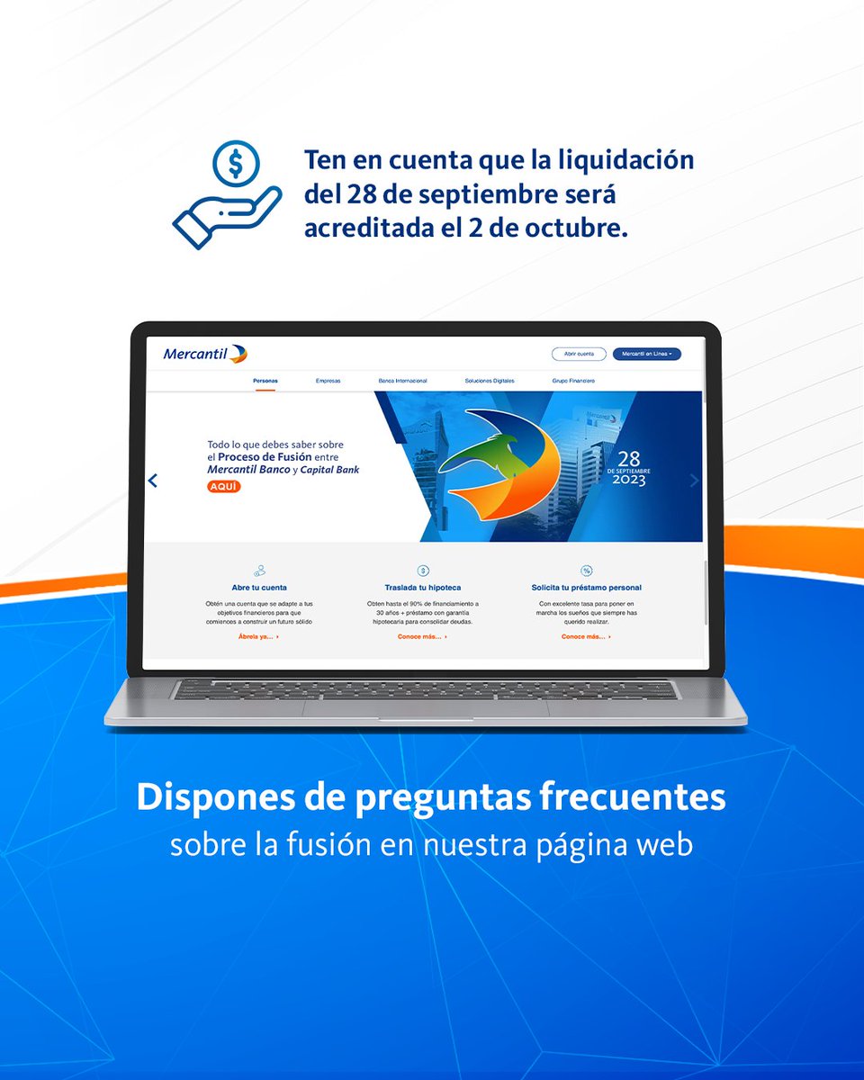 Mercantilbanpa's tweet photo. Planifica con anticipación tus transacciones en nuestra fusión.
Conoce más en nuestra página web y haciendo clic en el siguiente enlace: https://t.co/DcEZiRFlWH
#MercantilBancoPanama #CapitalBank #Panama #BancaPanameña #PTY #Funsion #Ecommerce #PuntoDeVenta https://t.co/ZfgyRAT53n