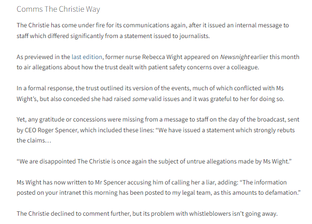 North by North West column... Whistleblower @BeauchampWight has written to The Christie CEO and accused him of calling her a liar - & made contacted with lawyers over potential defamation case hsj.co.uk/expert-briefin…