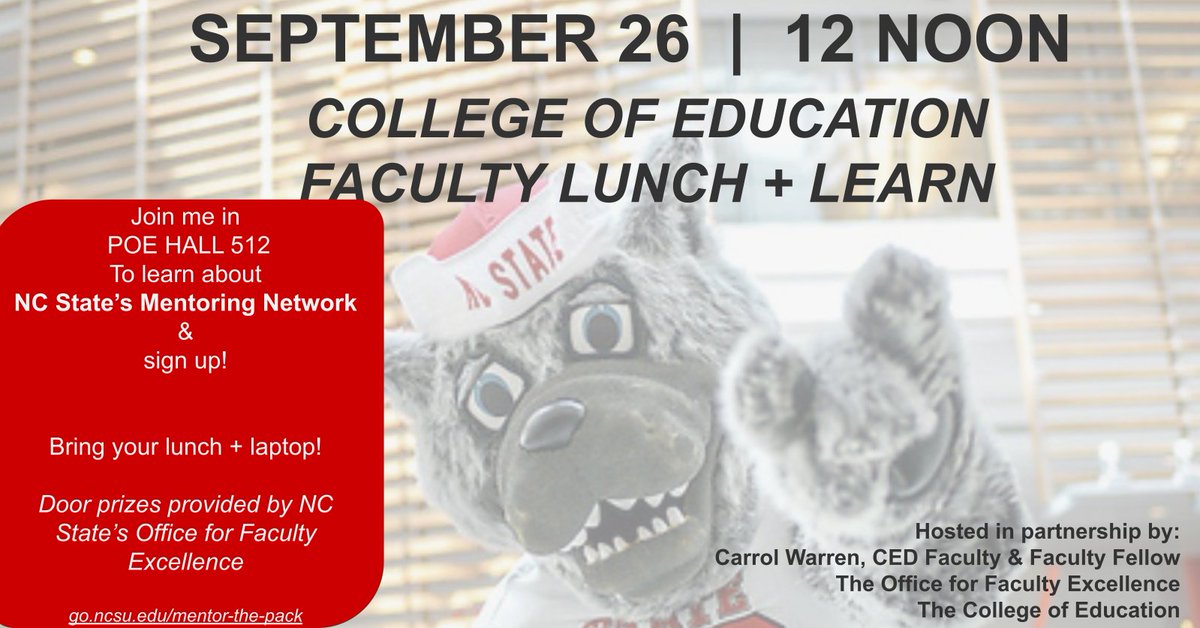 Dr. Carrol Warren (@drcarrolwarren) on Twitter photo 📢Calling all <a href="/NCStateCED/">NC State College of Education</a> faculty. Join me tomorrow at noon to learn more about the amazing faculty mentoring program launched by <a href="/NCStateOFE/">NC State Office for Faculty Excellence</a> Bring your lunch + laptop. #gopack #facultymentoring #leadership #network <a href="/DianeDChapman/">Diane Chapman (dianedoc.bsky.social)</a> <a href="/Teachforaliving/">M Gallardo-Williams</a> <a href="/Holloway_JP/">Jonathan Holloway (@jpholloway.bsky.social)</a> <a href="/NCStateProvost/">NC State Provost</a> 📢Calling all <a href="/NCStateCED/">NC State College of Education</a> faculty. Join me tomorrow at noon to learn more about the amazing faculty mentoring program launched by <a href="/NCStateOFE/">NC State Office for Faculty Excellence</a> Bring your lunch + laptop. #gopack #facultymentoring #leadership #network <a href="/DianeDChapman/">Diane Chapman (dianedoc.bsky.social)</a> <a href="/Teachforaliving/">M Gallardo-Williams</a> <a href="/Holloway_JP/">Jonathan Holloway (@jpholloway.bsky.social)</a> <a href="/NCStateProvost/">NC State Provost</a>