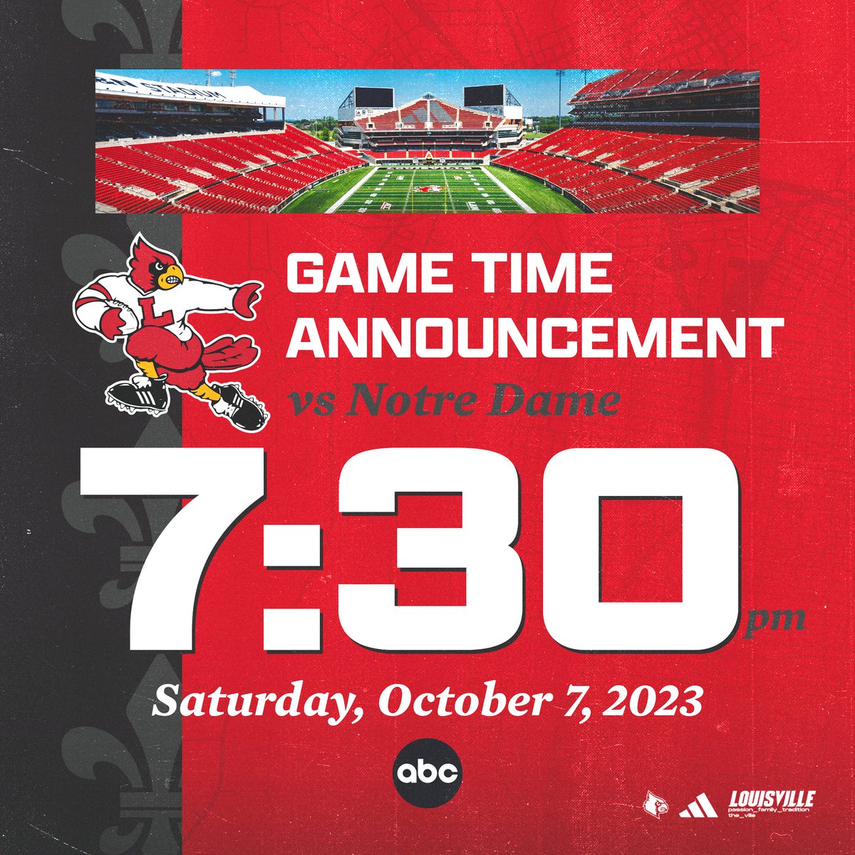 Game time is set ‼️ We will kickoff against Notre Dame at 7:30pm on ABC. #GoCards